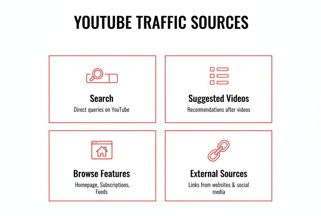 Overview of primary YouTube traffic sources including Search, Suggested Videos, Browse Features, and External Sources, crucial for understanding how the 2026 algorithm distributes content.