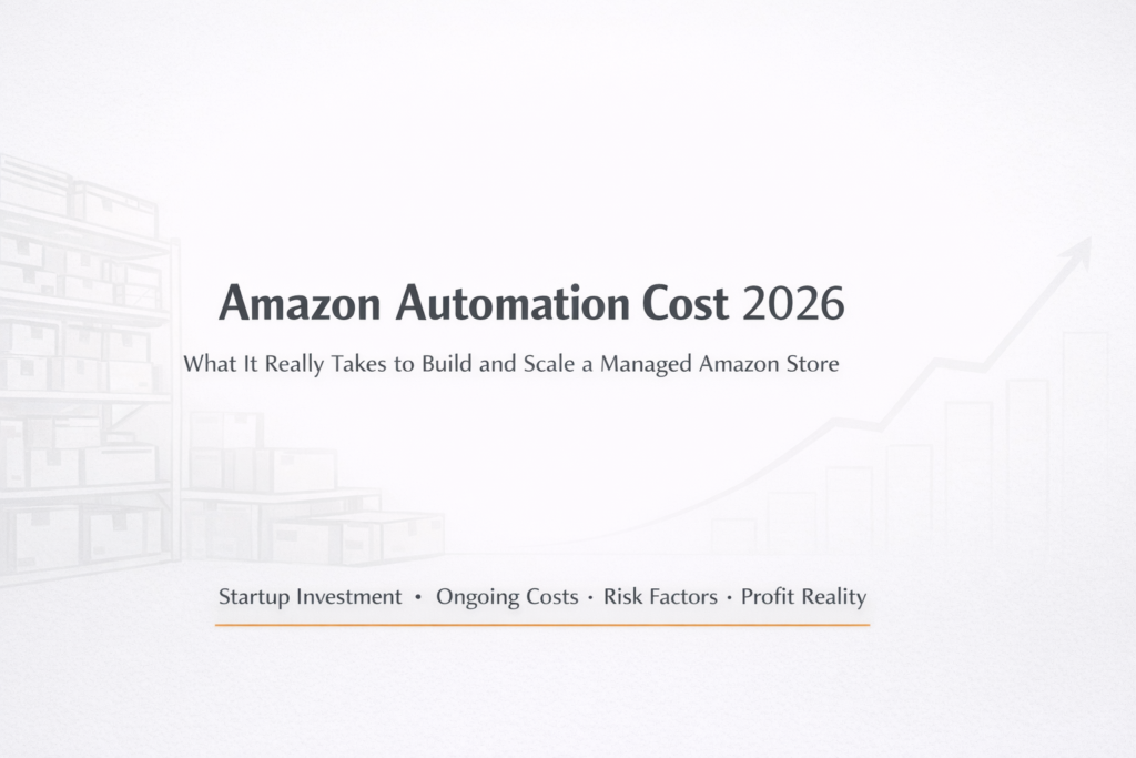 Amazon automation cost 2026 hero banner showing total investment range and startup financial overview.