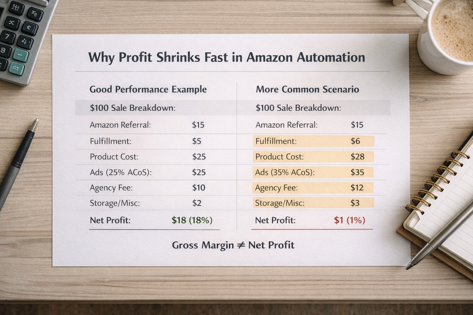 Amazon automation profit margin example infographic comparing $100 sale breakdown and realistic net profit.