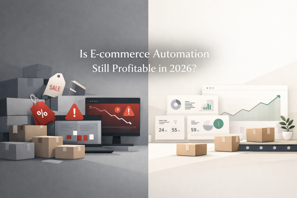 Premium hero image showing the contrast between chaotic e-commerce automation and structured, profitable automation systems in 2026.