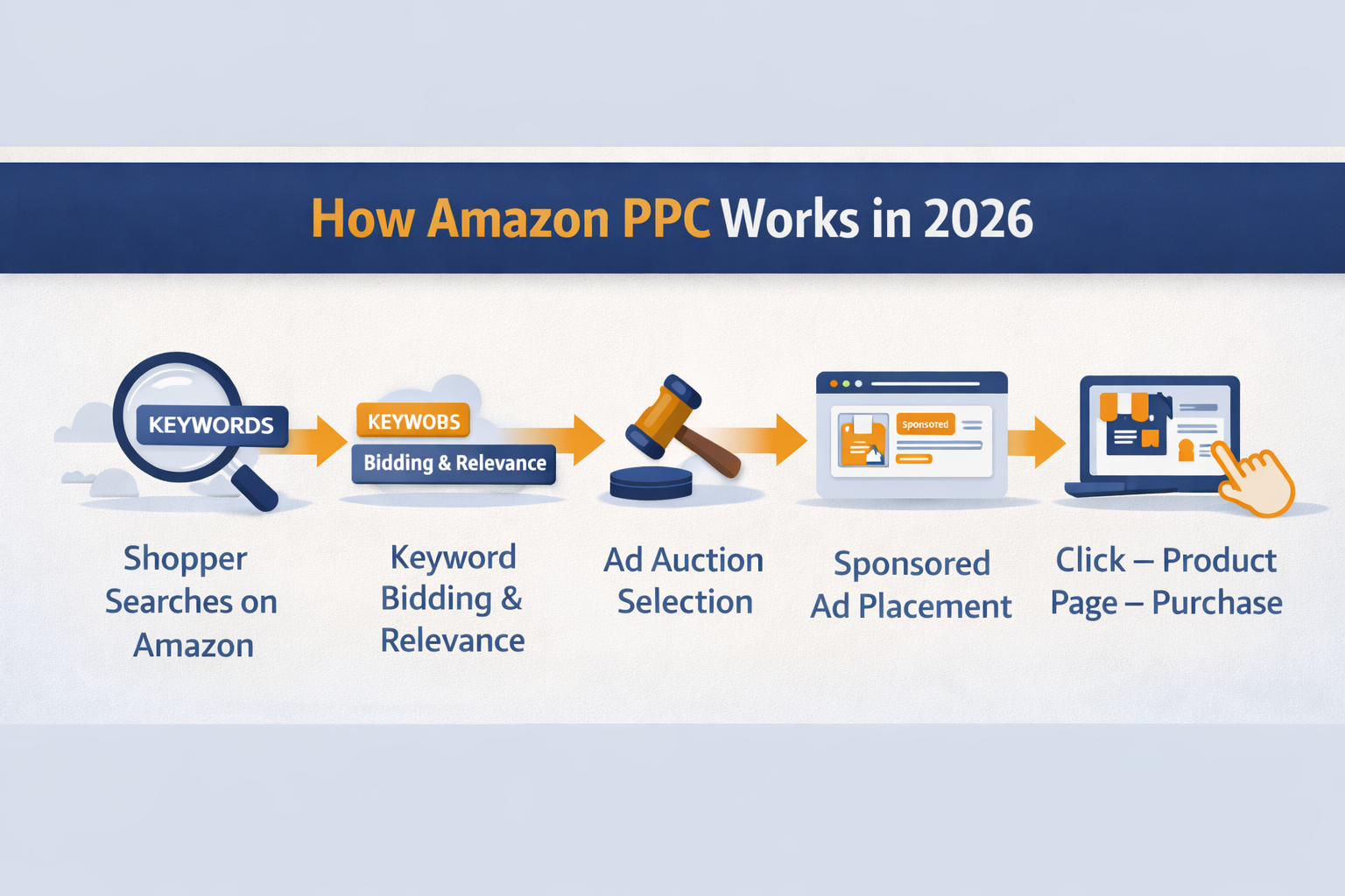How Amazon PPC works in 2026 showing keyword bidding and sponsored ads flow