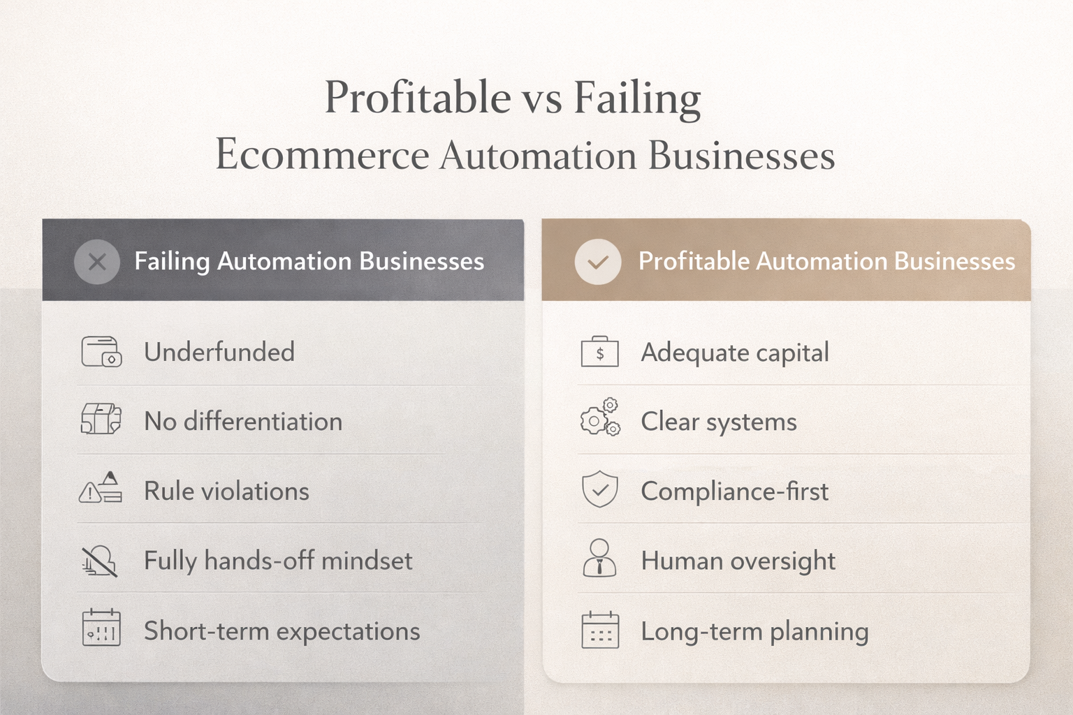 Comparison infographic showing the differences between profitable and failing e-commerce automation businesses in 2026.